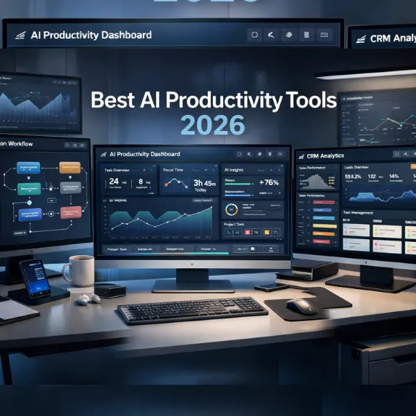 Futuristic AI productivity workspace displaying multiple SaaS dashboards for automation workflows, CRM analytics, and task management — representing the best AI productivity tools for small businesses in 2026.