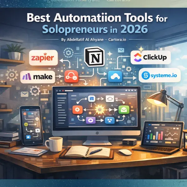 Best automation tools for solopreneurs in 2026 dashboard illustration showing Zapier, Make, Notion AI, ClickUp and Systeme.io