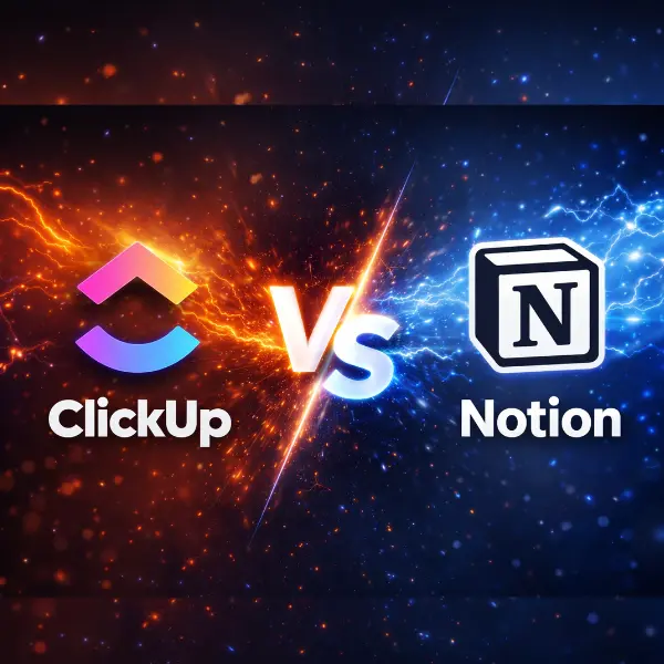 ClickUp vs Notion comparison showing task management dashboard and Notion workspace interface for productivity and automation