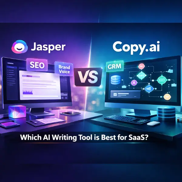 Jasper vs Copy.ai comparison showing AI writing tools for SaaS content creation and automation workflows