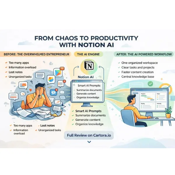 Notion AI productivity infographic showing how AI organizes tasks, documents, and workflows for small businesses and solopreneurs.