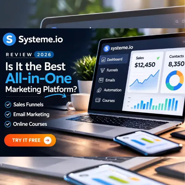 Systeme.io marketing platform dashboard showing sales funnel builder and automation tools for small businesses
