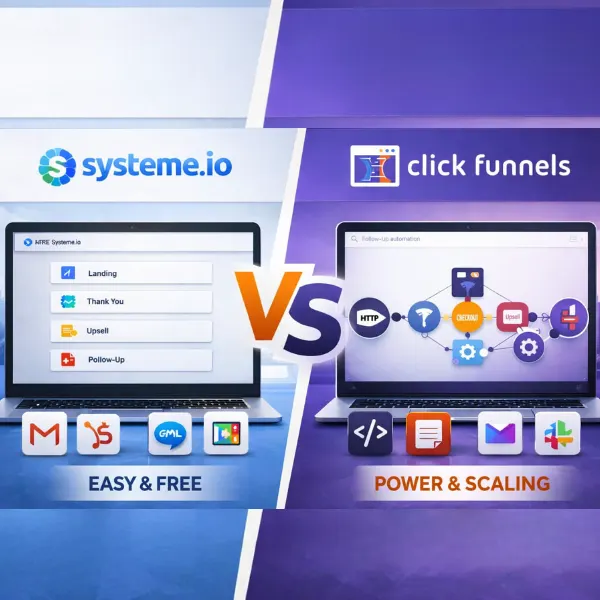 Systeme.io vs ClickFunnels funnel builder comparison showing simplicity vs advanced funnel automation and scaling
