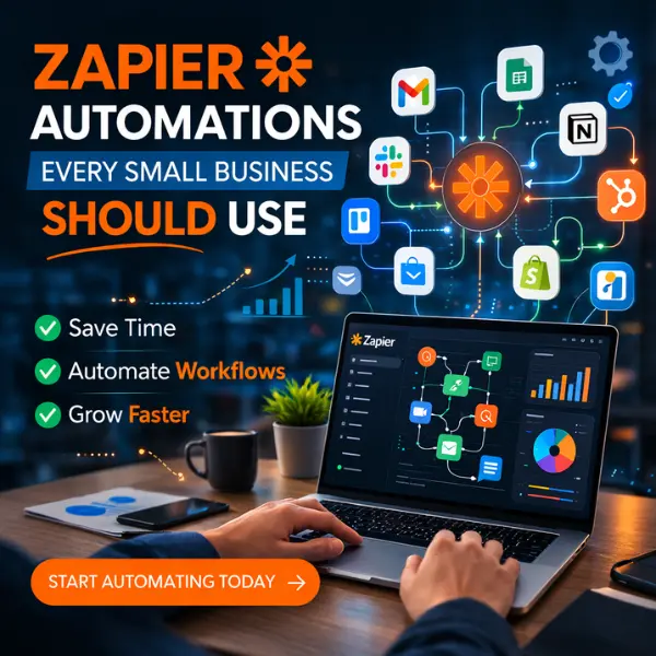 Zapier automation dashboard connecting business apps like Gmail Slack and CRM to automate workflows for small businesses