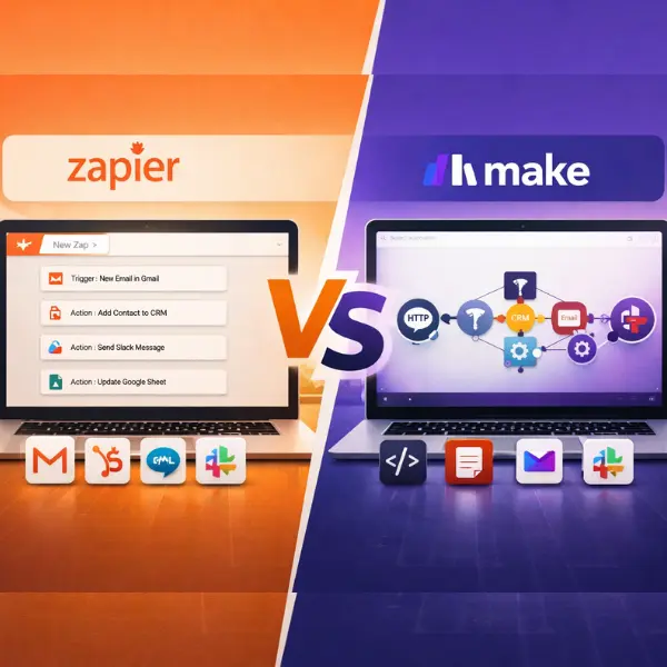 Zapier vs Make automation comparison showing simple linear workflows versus advanced visual automation system