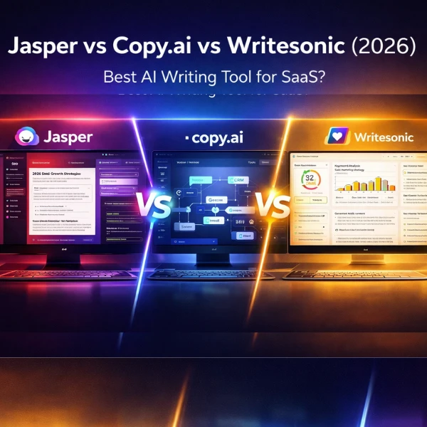 Jasper vs Copy.ai vs Writesonic comparison showing AI writing tools dashboards and workflow automation for SaaS businesses