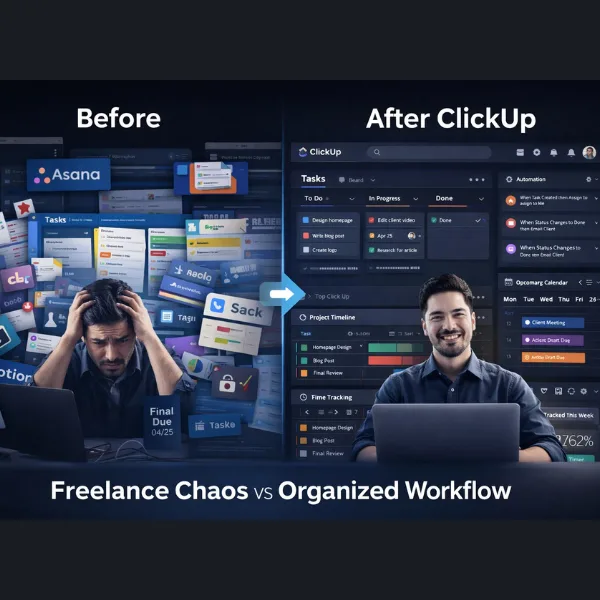 ClickUp freelancer workflow system showing task management and automation vs freelance chaos